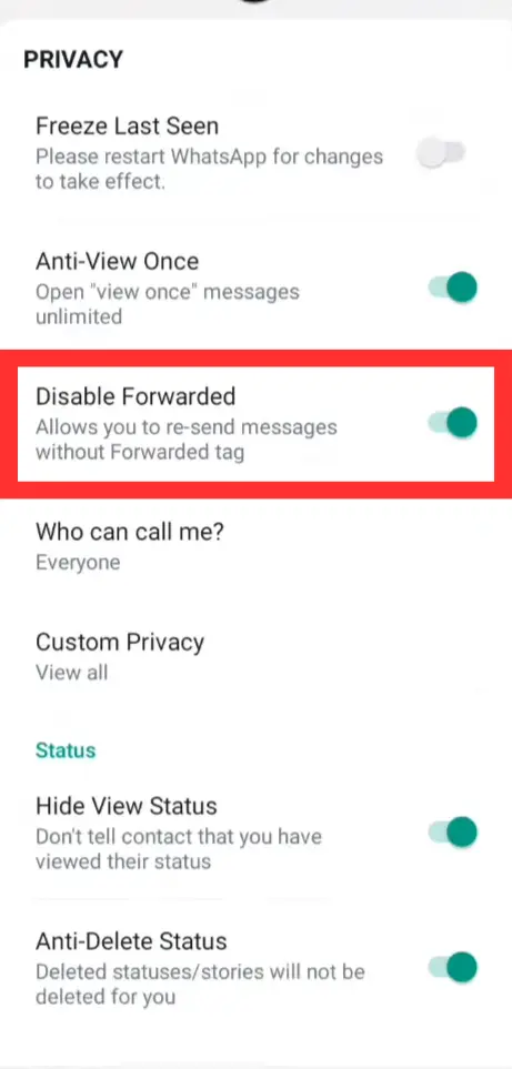 YO Whatsapp Disable Forwarded