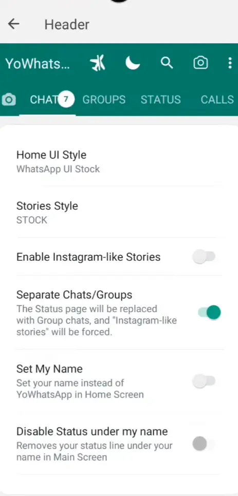 YO Whatsapp Header Settings