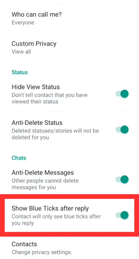 GB Whatsapp Blue tick Settings