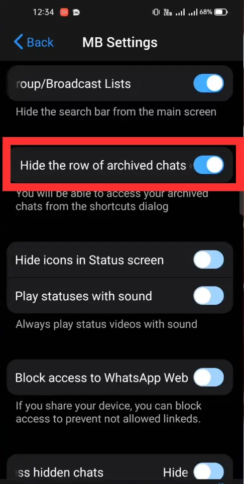 MB Whatsapp HIde Archived chats
