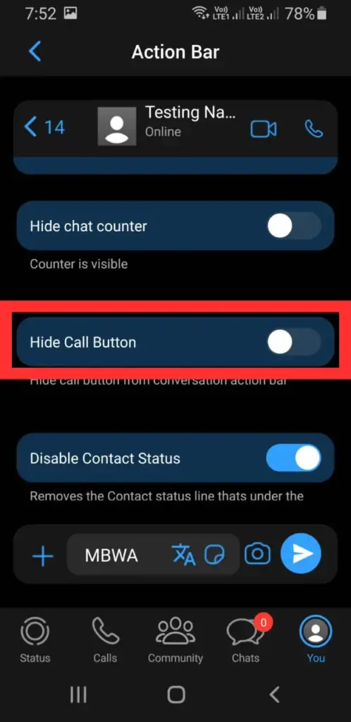 MB Whatsapp Hide Call Button