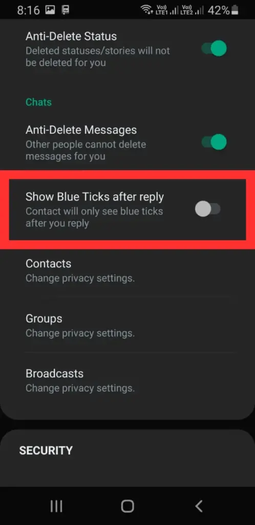 Whatsapp Plus Blue Tick Settings