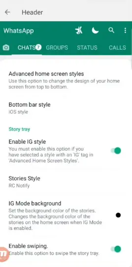 Aero WhatsApp Header Settings