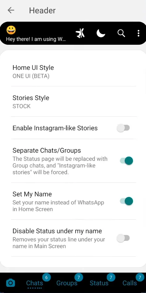 Blue WhatsApp Header Settings