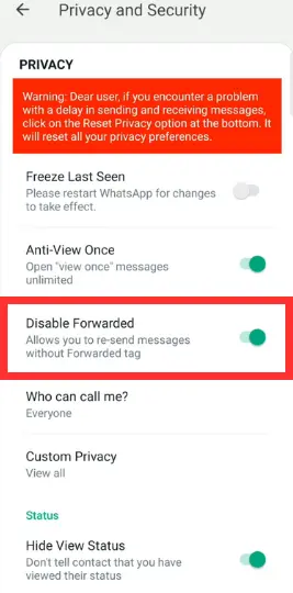 Gold WhatsApp Disable Forwarded